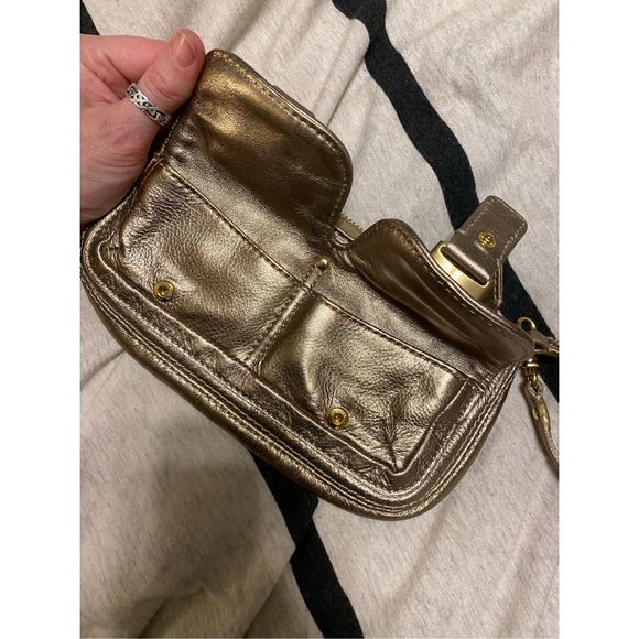 Michael Kors Gold Metallic Double Pocket Mini Purse Handbag Wristlet Wallet - Picture 7 of 8